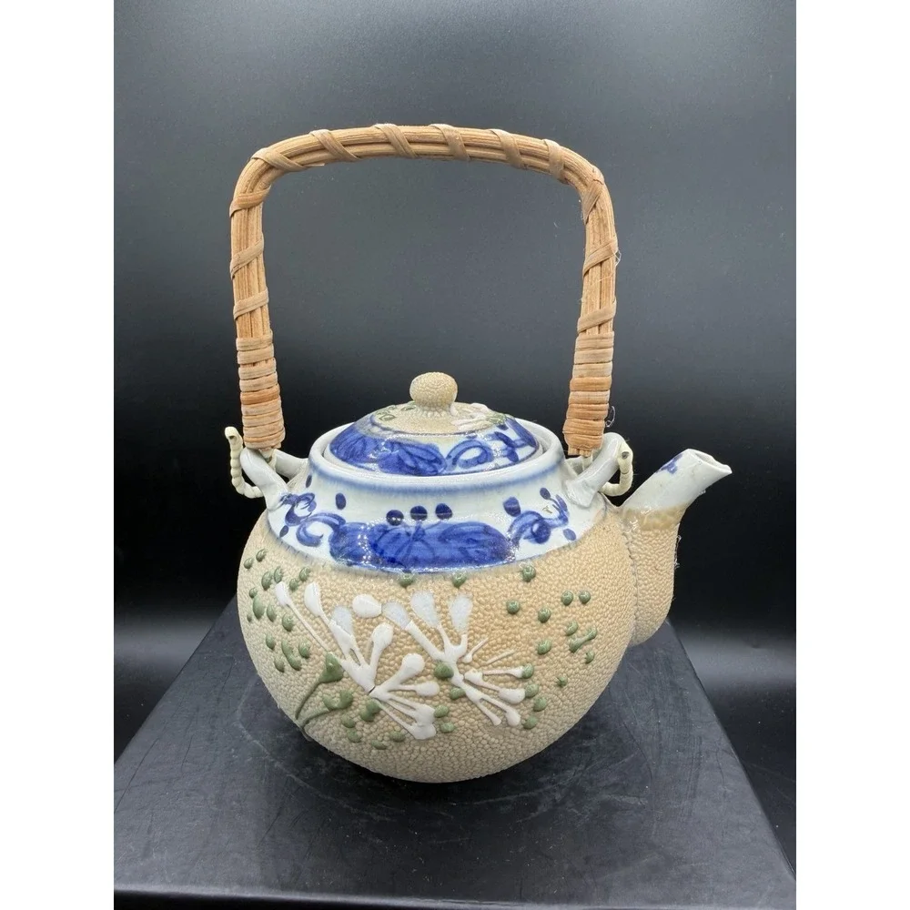 🫖Tokoname-Inspired Ceramic Teapot w/Infuser Bamboo/Rattan Handle Japanese Style
